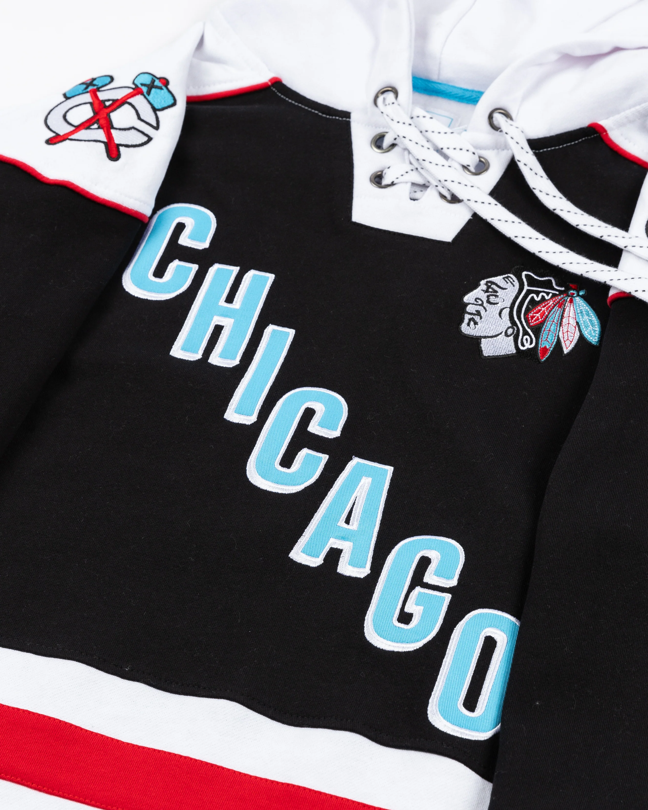 Four Stars Chicago Blackhawks Stipe Lace Up Jersey Hoodie - Image 4