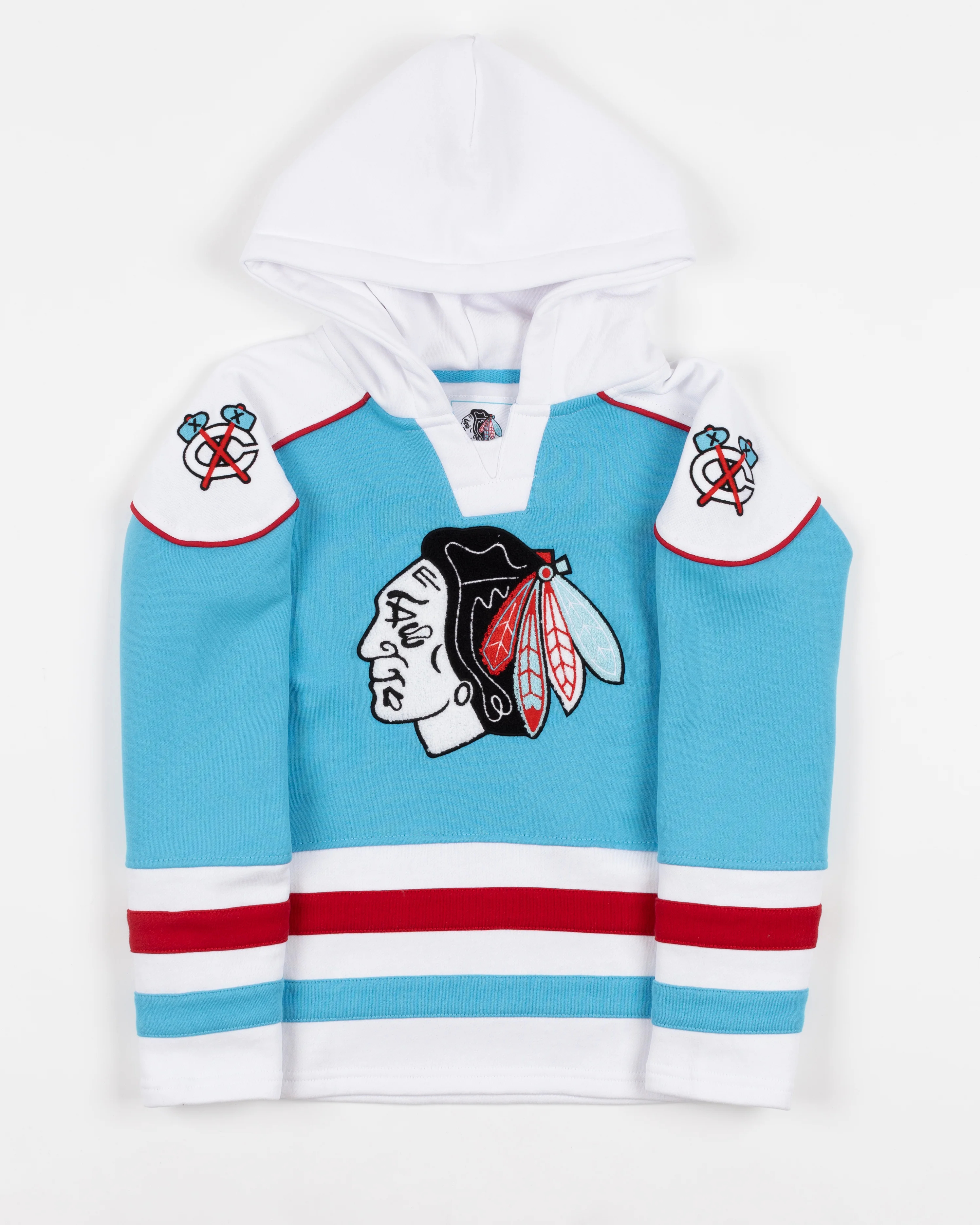 Youth Four Stars Chicago Blackhawks Primary Stripe Lace Up Jersey Hoodie - Image 3